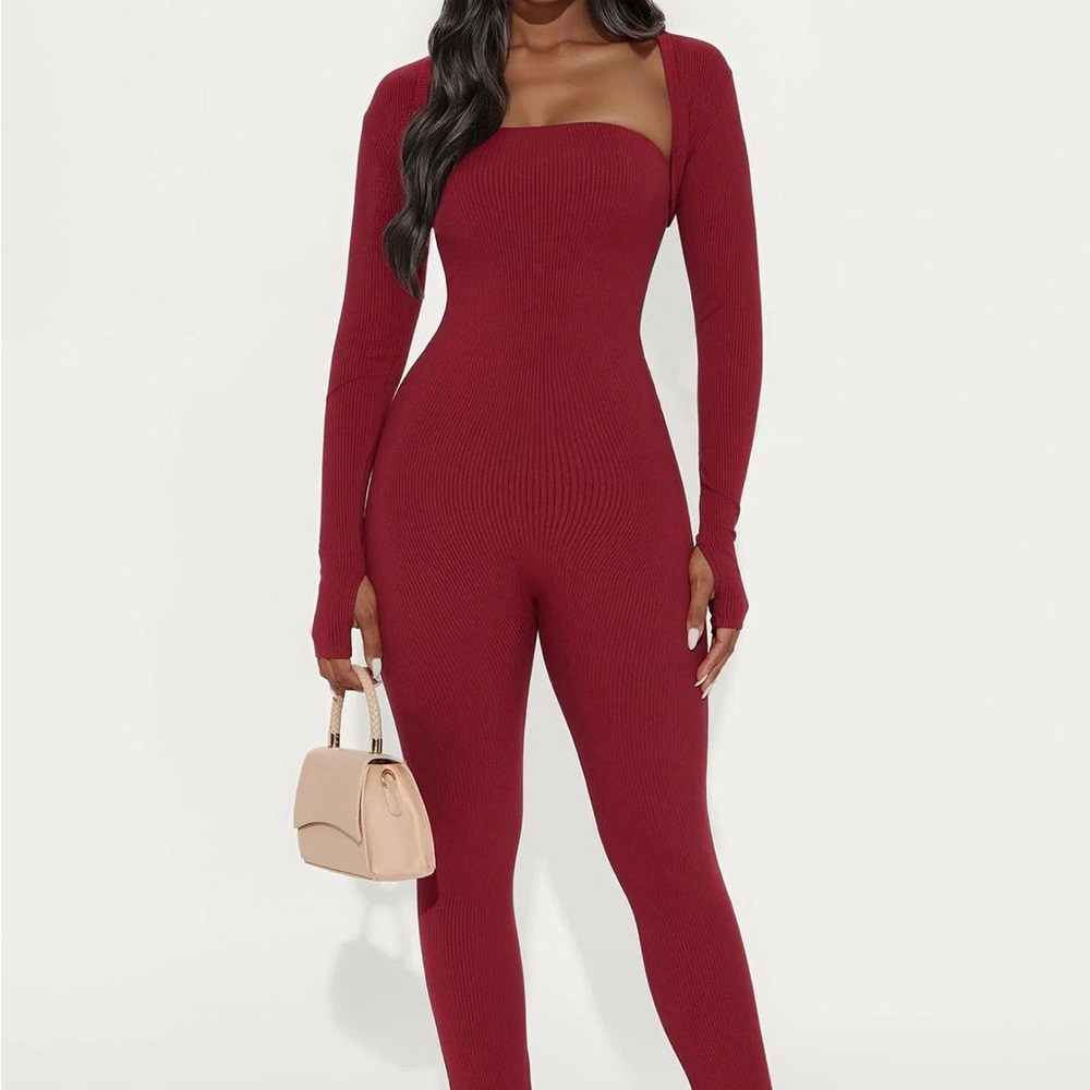 Jeanette Snatched Jumpsuit Set - Burgundy - FASHION NOVA